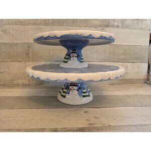 Elements Blue & White Ceramic Snowman Snowflake Two-Tier Cake Stand